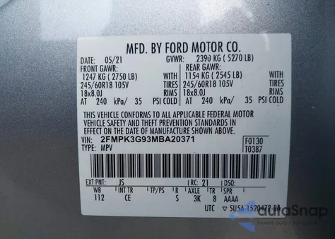 2021 Ford Edge Se из США, поврежденный, VIN 2FMPK3G93MBA20371